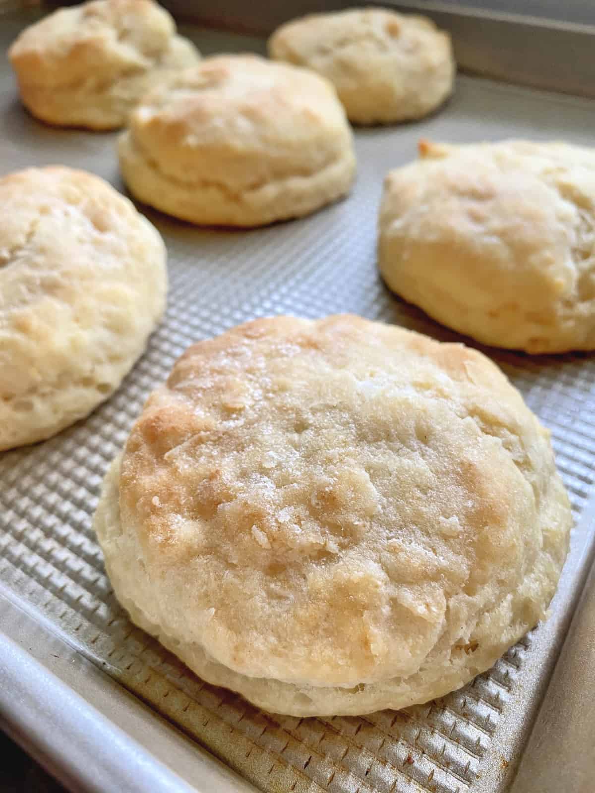 Close up of a cooked flaky biscuits on a golden baking tray.