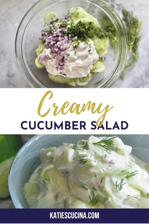 Top photo of glass bowl with cucumbers, dills, red onion, soure cream. Bottom of sliced creamy cucumbers.