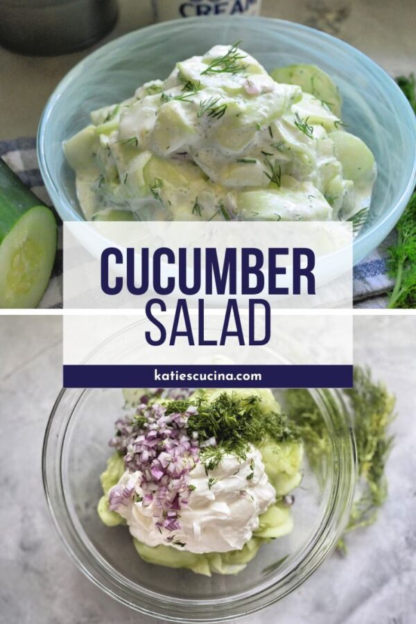 Two images top of creamy thinly sliced cucumbers in blue bowl, bottom of bowl of ingredients with text on image for Pinterest.