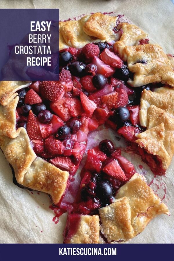Top view of a baked berry open faced pie with text on image for Pinterest.
