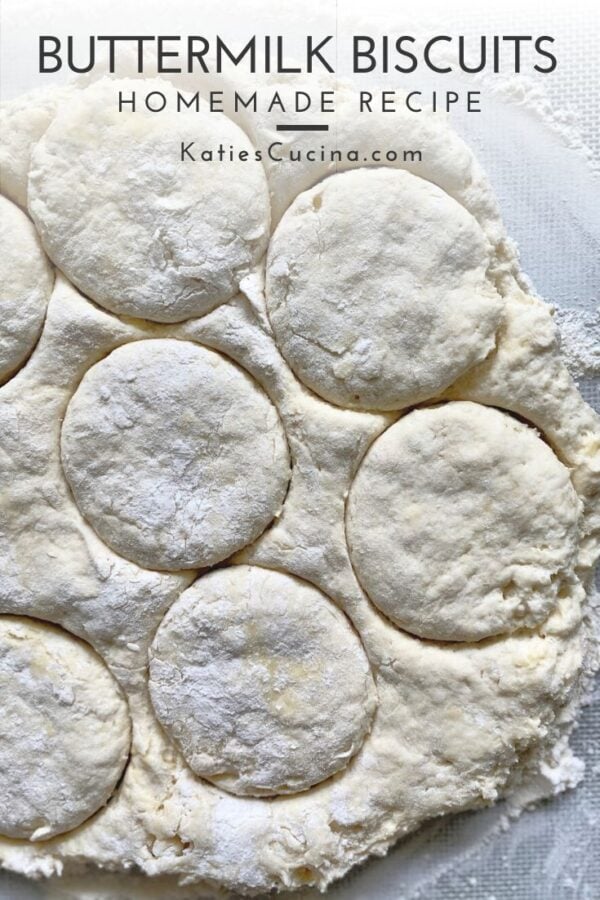 Top view of biscuits being cut out of dough with text on image.