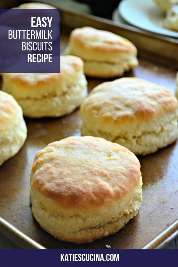 Tray of baked biscuits with text on image for Pinterest.