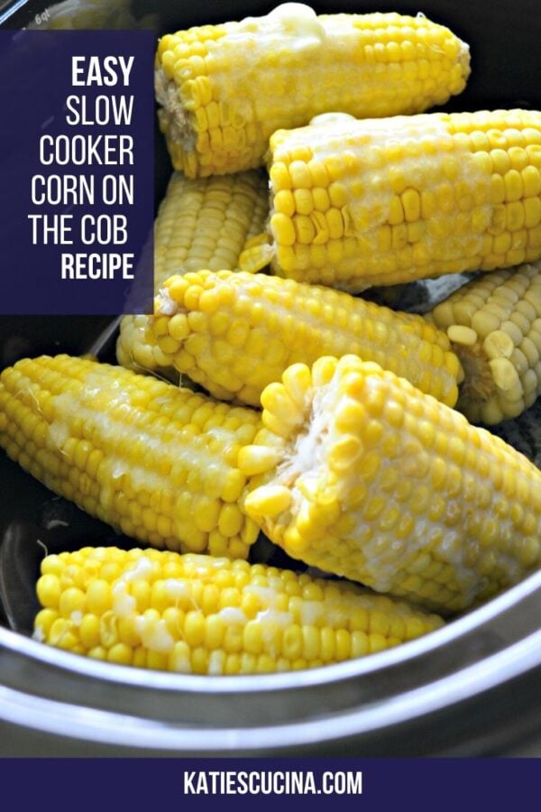 Close up of half pieces of corn on the cob in a black pot.