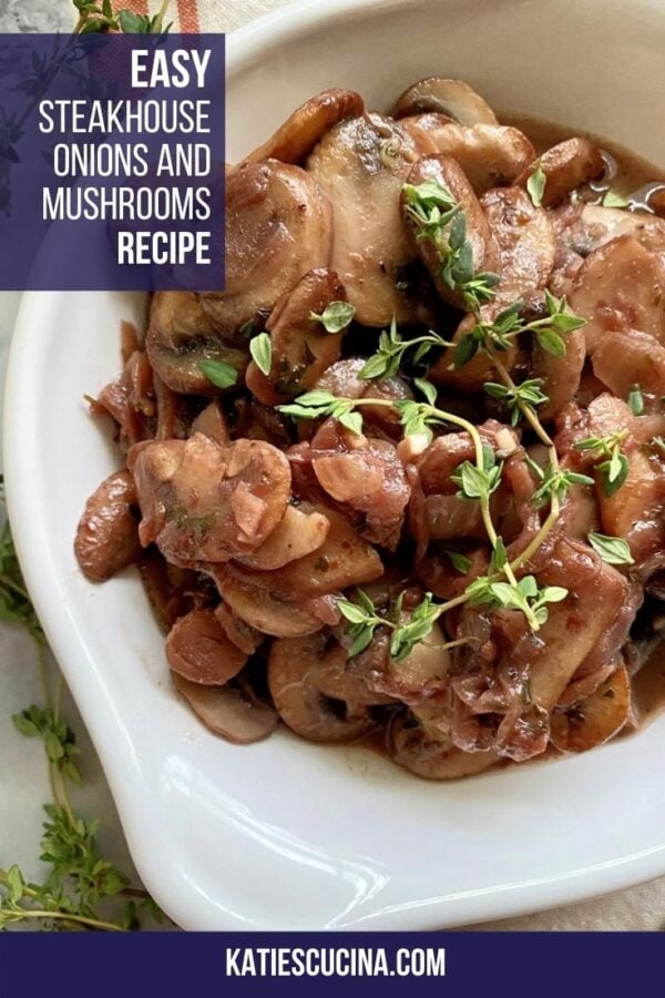 Top view of sauteed mushroooms in sauce with text on image for Pinterest.