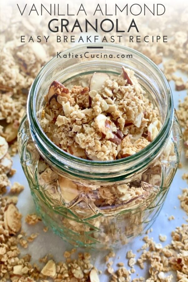 Glass mason jar filled with granola with text on image for Pinterest.