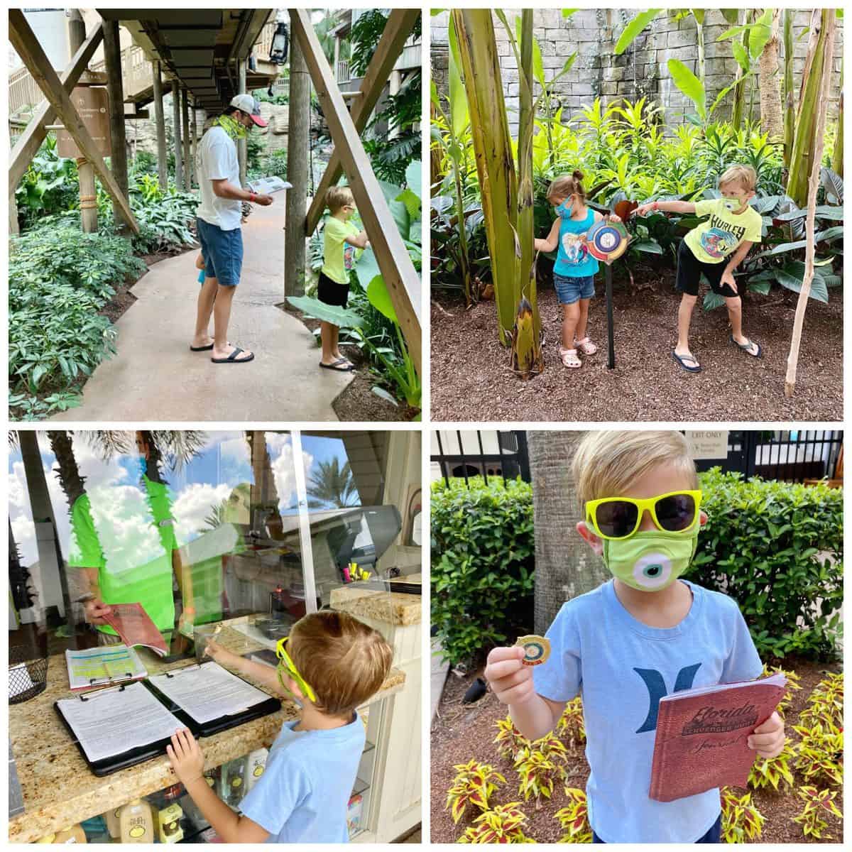 Four photos of kids and father doing a scavenger hunt around the Gaylord Palms Resort.
