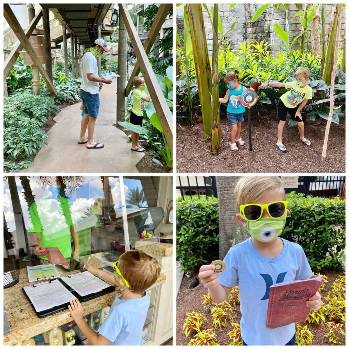 Four photos of kids and father doing a scavenger hunt around the Gaylord Palms Resort. 