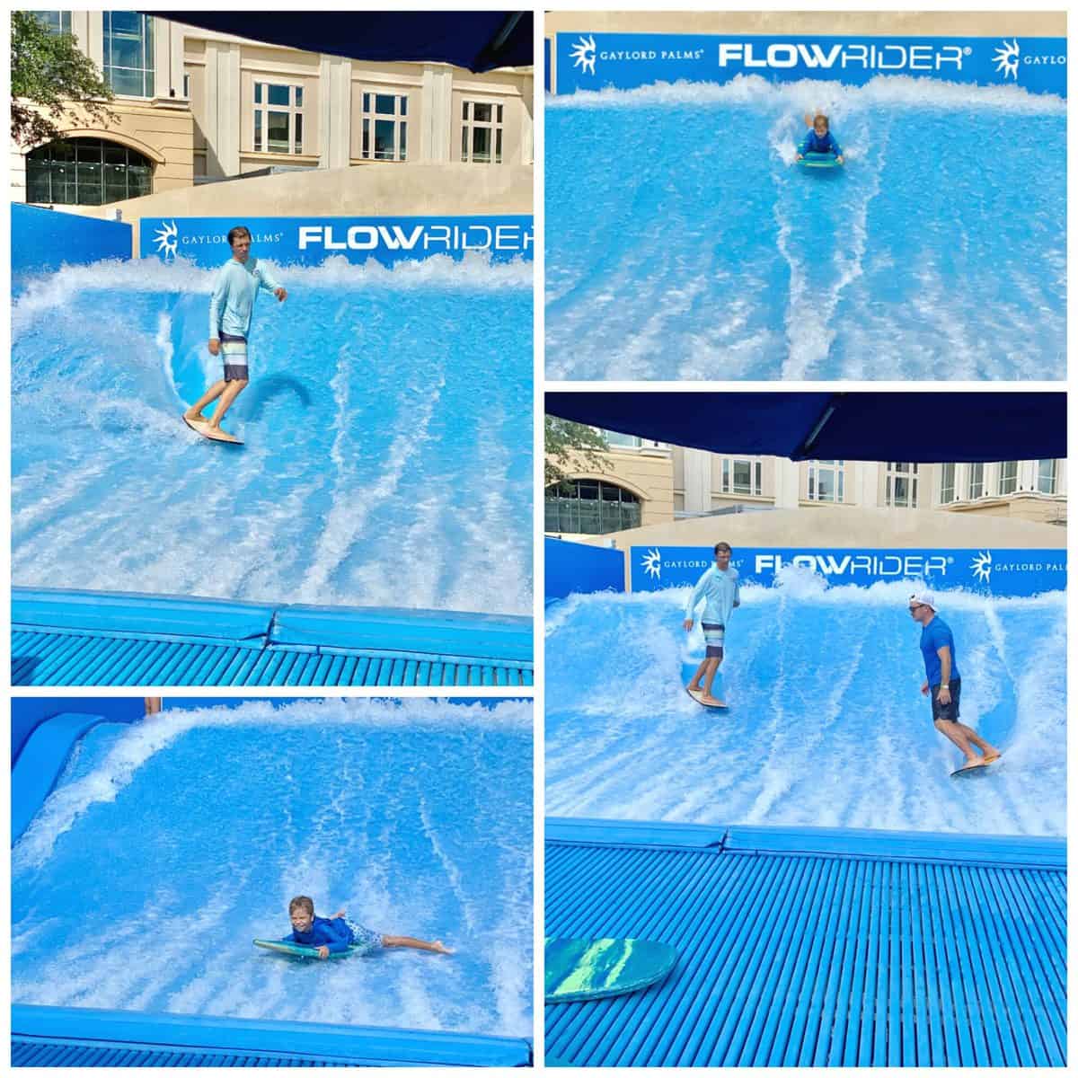 Four different photos of 2 men surfing on a FlowRider and a little boy body boarding.