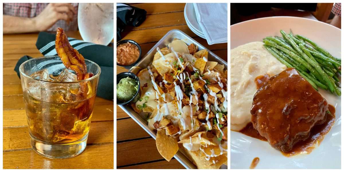 Three photo food collage; old fashion, chicken nachos, short ribs with mashed potatoes.