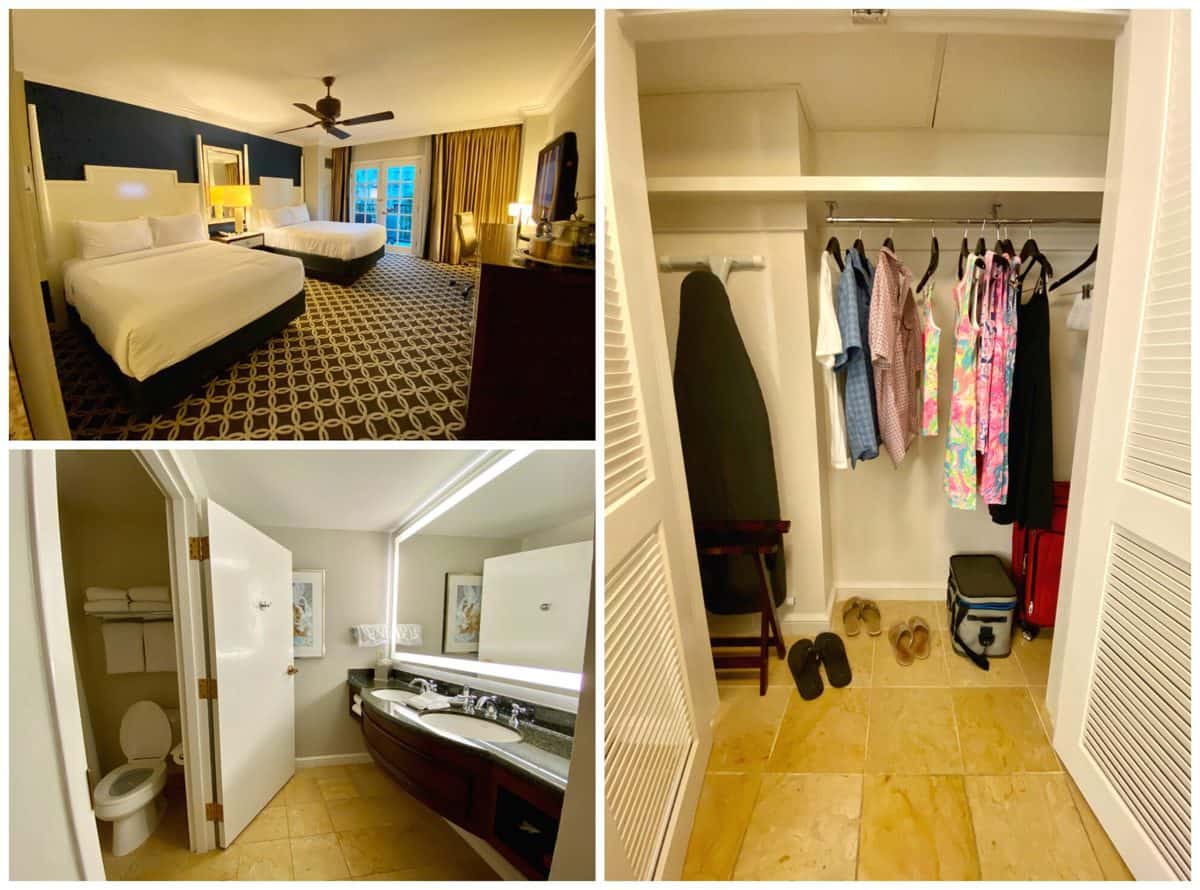 Three photo collage of hotel room; beds, bathroom, and closet with clothes hanging.