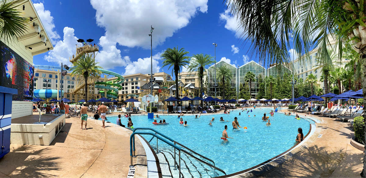 Wide angle view of the main pool at the Gaylord Palms resort. 