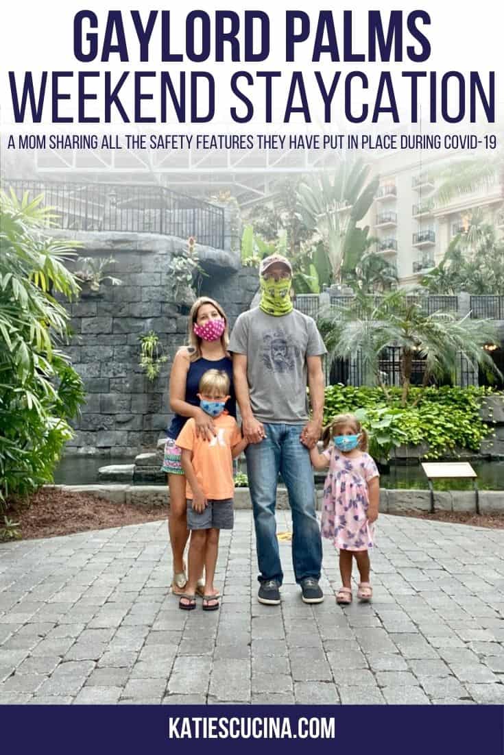 Family wearing mask in hotel atrium with text on image for Pinterest.