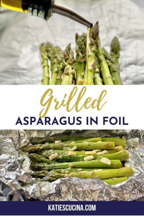 Top photo of olive oil poured on asparagus, bottom of cooked asparagus.