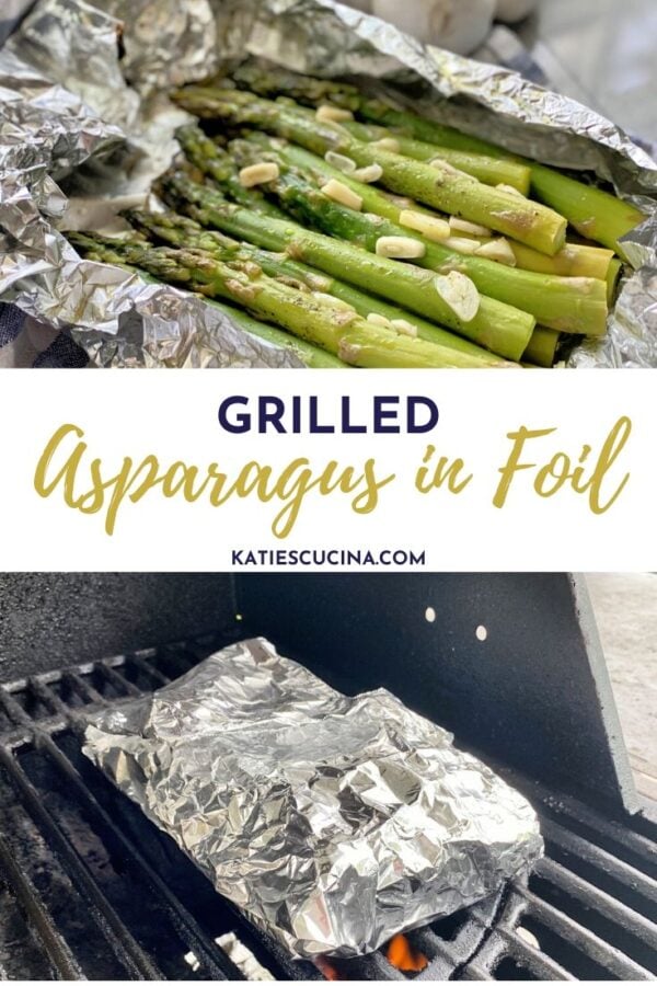 Top photo of asparagus in foil bottom of it cooking on the grill.