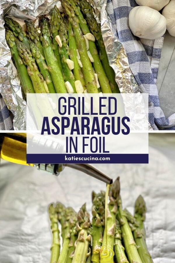 Top image of cooked asparagus in foil bottom of oil pouring on asparagus.