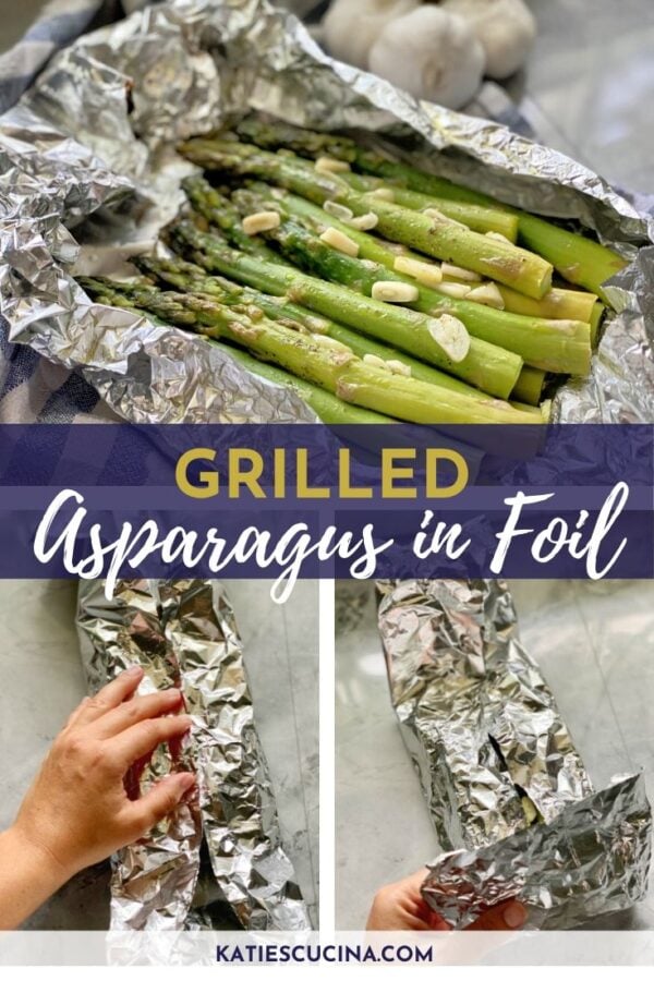 Two images showing how to fold aluminum foil and top with cooked asparagus in foil.