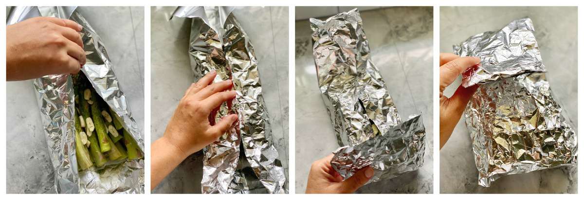 Four photo process showing how to fold aluminum foil for pouches.