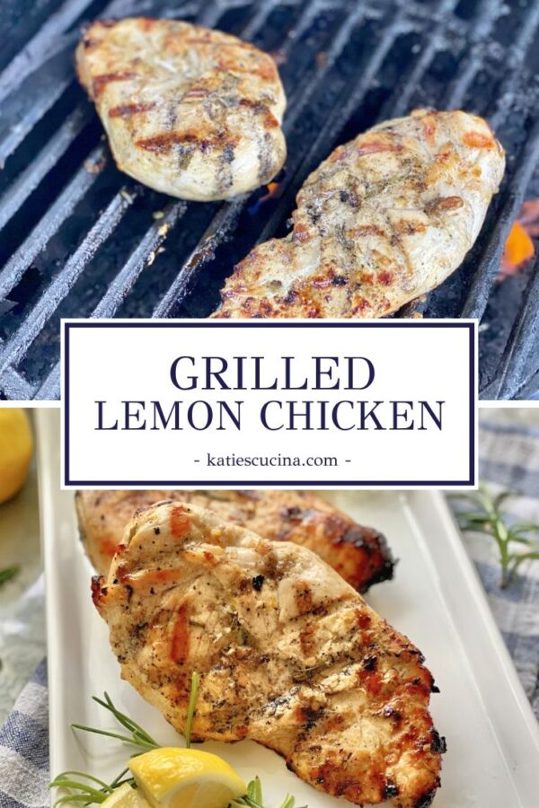 Chicken on a grill with text dividing photo. Bottom photo of grilled chicken on a plate.