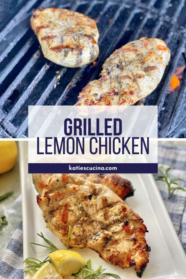 Chicken on a grill with text then grilled chicken on a white plate.