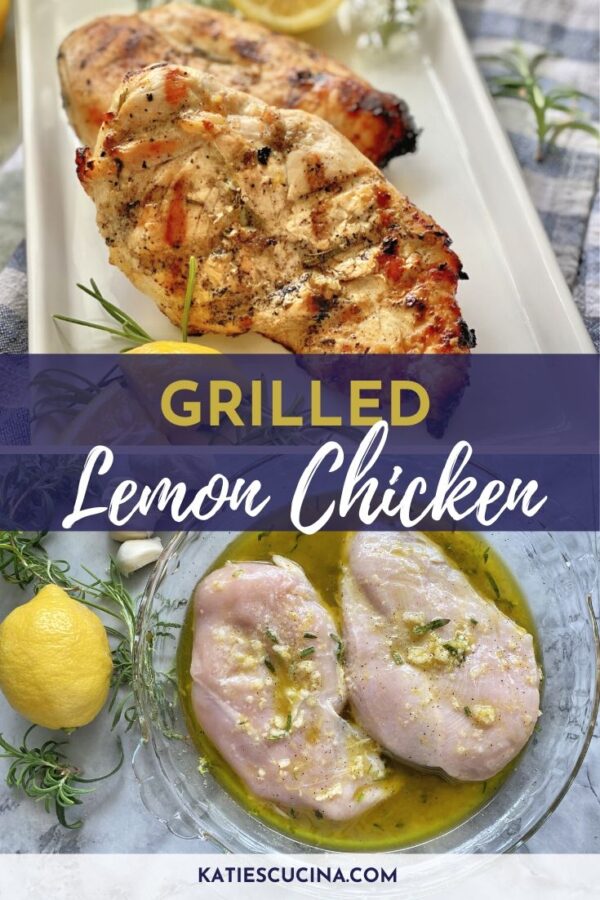 Two photos split with text. Top of grilled chicken/bottom with raw chicken.