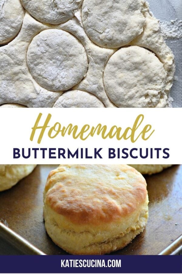 Two photos split: top photo of biscuit dough, bottom of cooked fluffy biscuit.