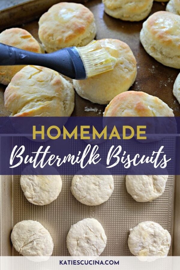 Two photos: raw biscuit dough on the bottom, and top is of cooked biscuits with butter.