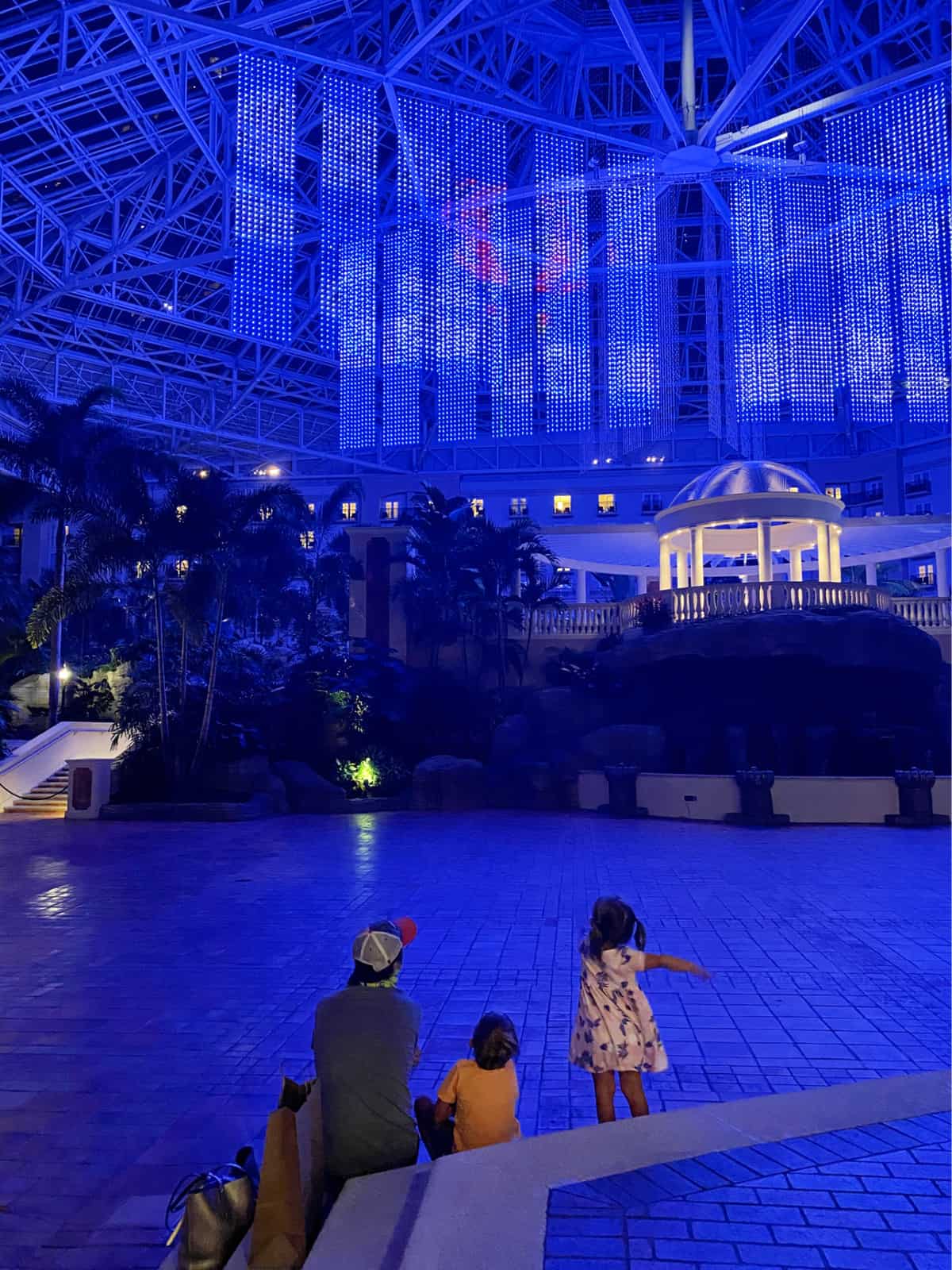 Back view of a man and two kids looking up at a light show in atrium of hotel.