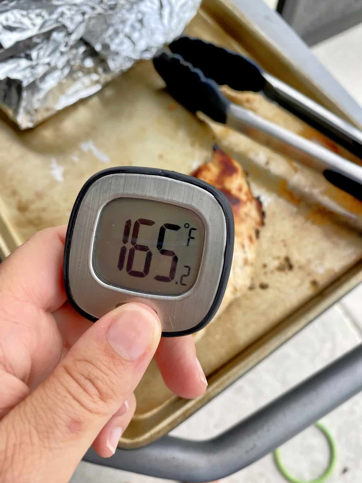 Hand holding meat thermometer reading 165 degrees Fahrenheit.