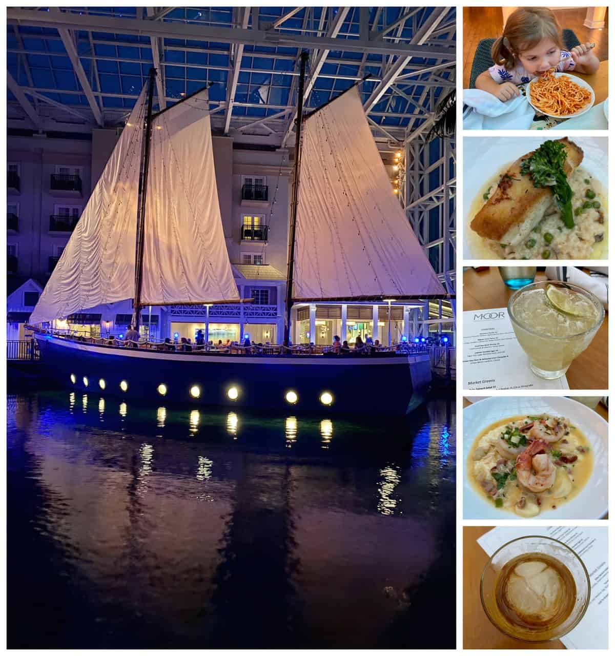 Six photo collage: picture of sailboat dining on water at night, two drinks, two entrees, and little girl eating spaghetti.