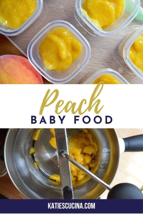 Top photo: peach in storage containres, bottom of a food mill with text on image.