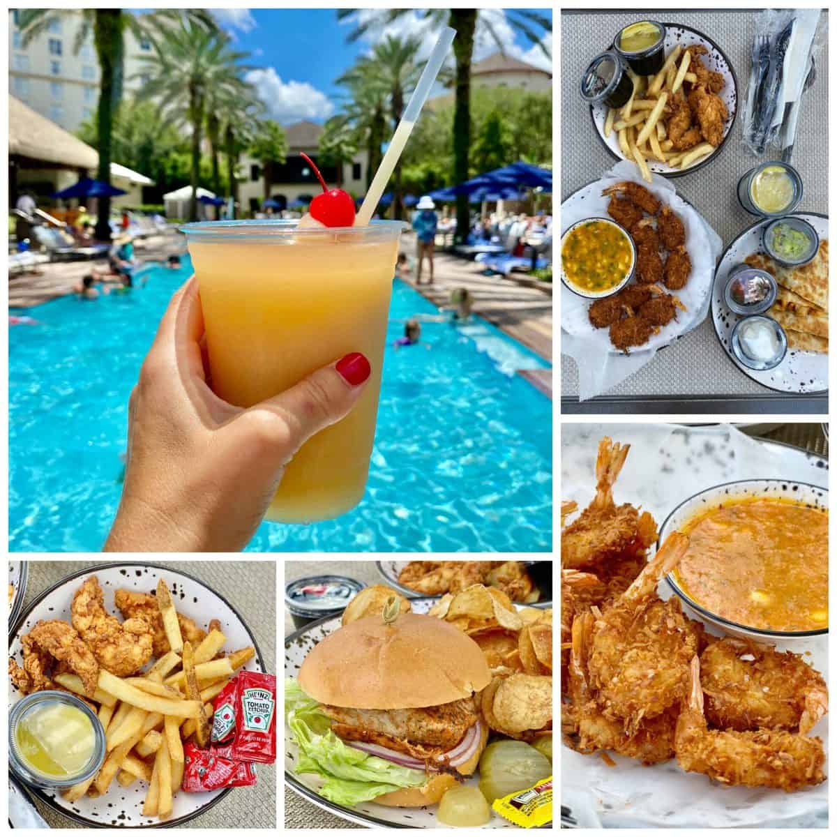 Five food photo collage; tropical drink, coconut shrimp, fish sandwich, and chicken strips with fries.