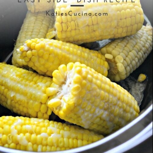 Cooked corn on the cob staggered in a black pot with text.