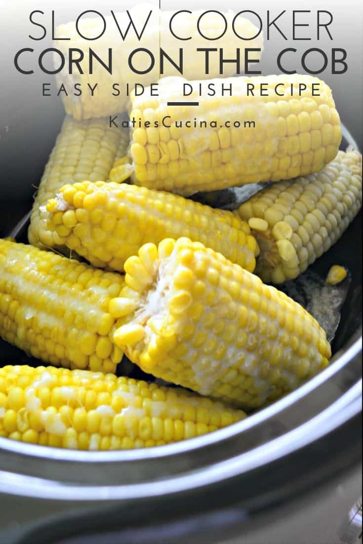 Cooked corn on the cob staggered in a black pot with text.