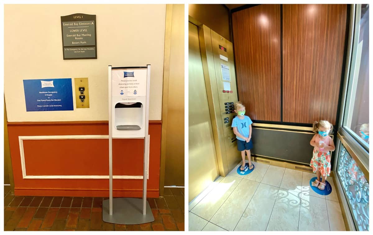 Two photos, one of hand sanitizer station and elevator signage, and the other of two kids on blue dots in elevator.