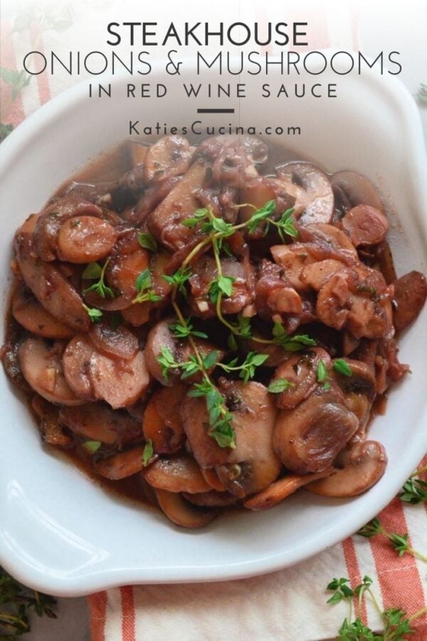 Close up of sauteed mushrooms in a white bowl with text on image for Pinterest.