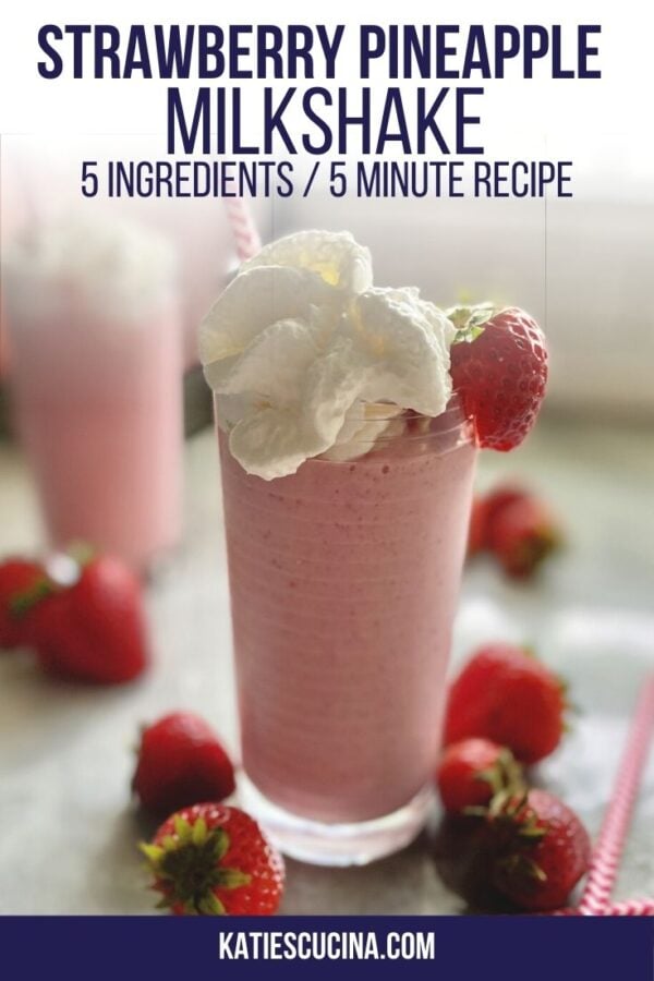 Close up of a strawberry milkshake with whipped cream and text on photo.