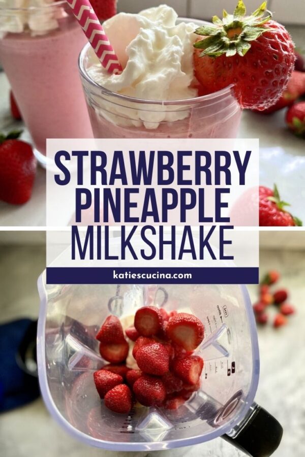 Two photos one of strawberry milkshake, other of strawberries in blender with text.