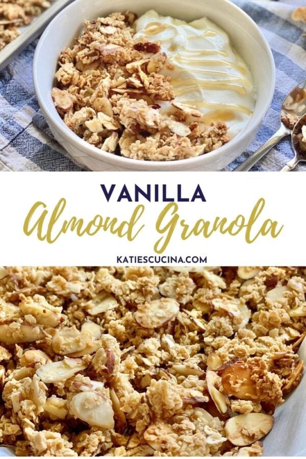 Close up of granola in a bowl with yogurt and close up of granola with text on image for Pinterest.