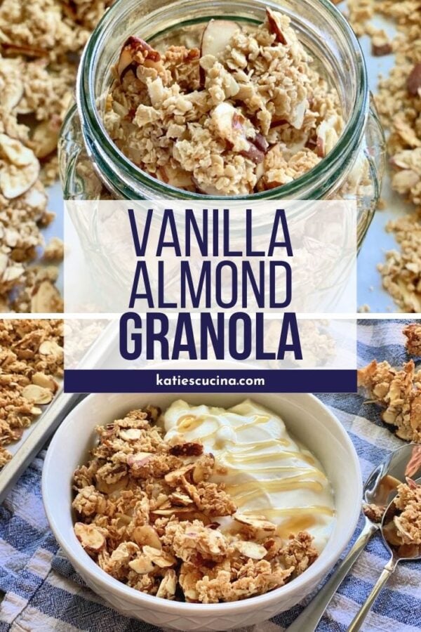 Two photos of granola in a jar and in a bowl with yogurt with text on image for Pinterest.