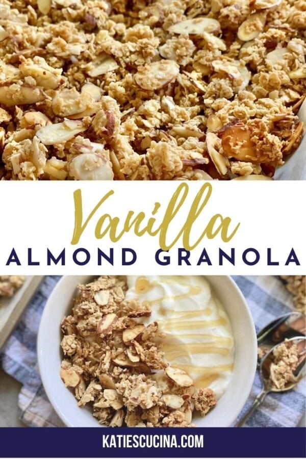 Two photos of granola close up and one with a bowl of yogurt and granola with text on image for Pinterest.