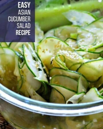 Close up of thinly sliced cucumbers in a glass bowl with text.
