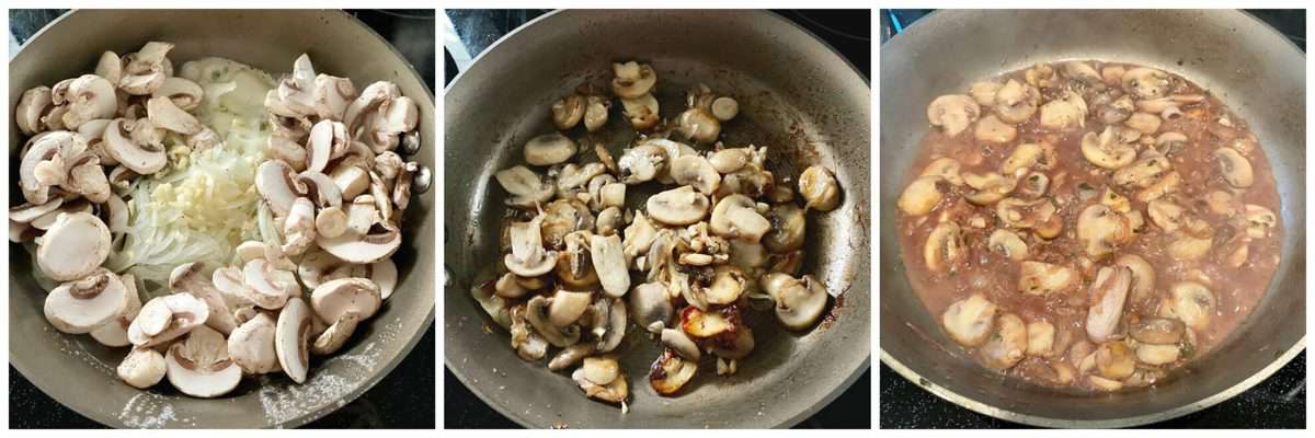 Three photos showing process of cooking down mushrooms and onions.