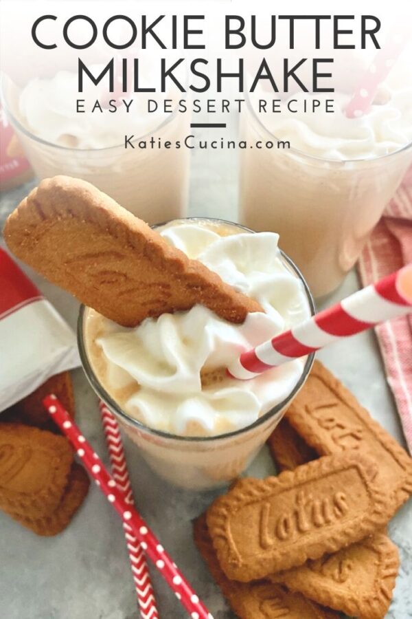 Top view of milkshake with whipped cream, cookie, and red and white striped straw.