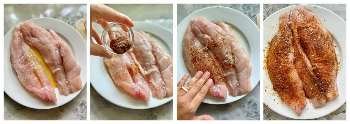 Four step photos of white fish being seasoned on a white plate with a female hand.