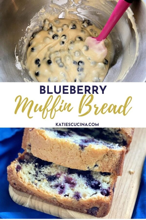 Top of a batter with blueberries, bottom photo of 2 slices of blueberry bread with text on image for Pinterest.