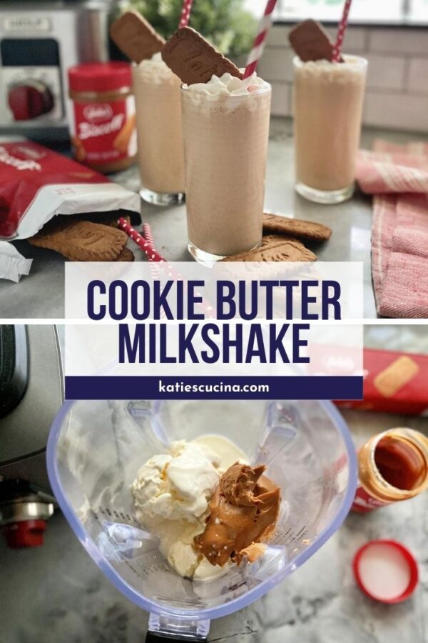 Two photos: Top of three brown milkshakes, bottom of blender with ingredients with text on image for Pinterest.