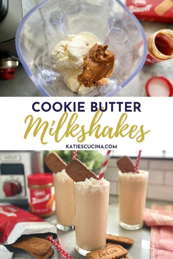 Two photos: Top of milkshake ingredients, bottom of three milkshakes with text on image for Pinterest.