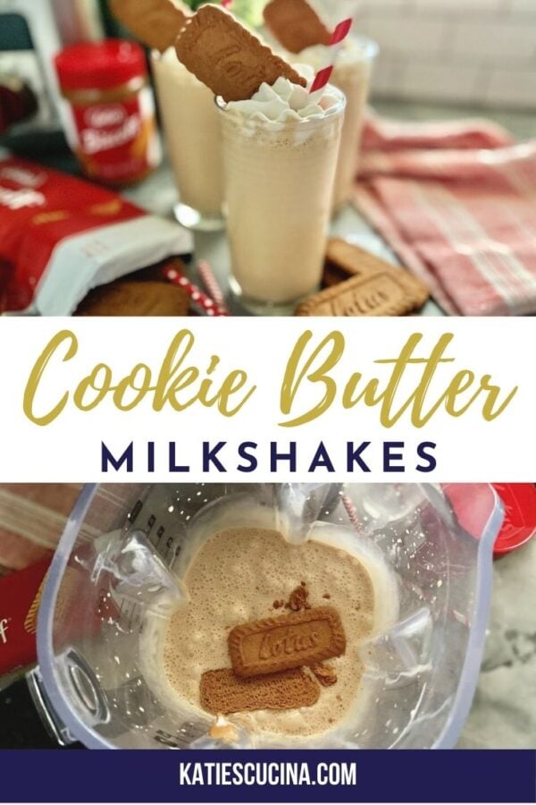 Two photos: top of three milkshakes, bottom of blended milkshake with cookies with text on image for Pinterest.