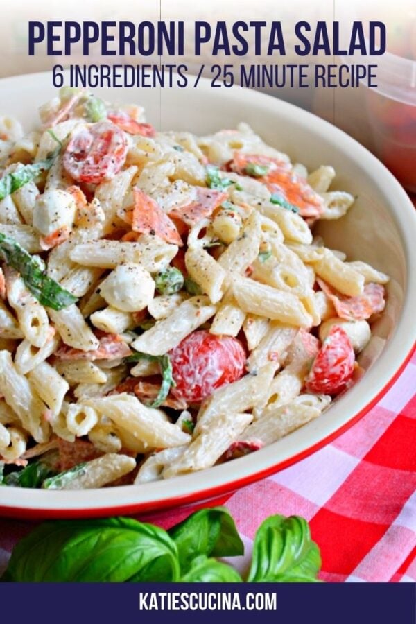 Close up of a tubed pasta salad with text on image for Pinterest.