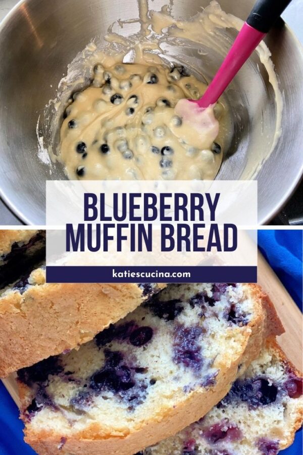 Top photo of batter in a bowl with blueberries, bottom photo of slices of blueberry bread.